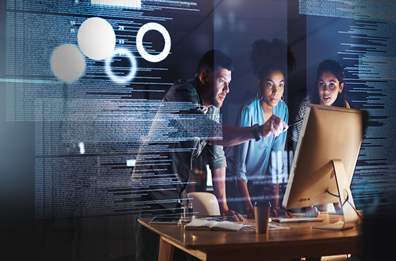 3 people looking at screen